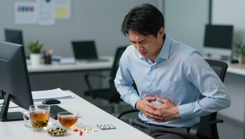 A conceptual illustration depicting "stress-related pain" in the digestive system. In the foreground, a person in professional attire (a shirt and trousers) sits at a cluttered desk, holding their stomach with a pained expression, suggesting discomfort from stress. The middle ground shows health-related items like herbal teas and antacids, symbolizing remedies. In the background, an abstract representation of a chaotic office environment with blurred laptops and papers, enhancing the mood of stress and overwhelm. Soft, ambient lighting creates a solemn atmosphere, while the focus is sharp on the person’s expression and gestures. Incorporate cool colors to evoke a sense of tension and discomfort, with a shallow depth of field to draw attention to the subject’s experience.