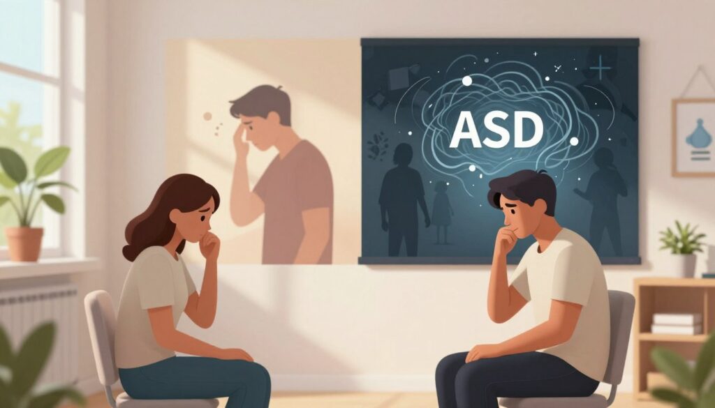 A conceptual illustration depicting the contrast between Acute Stress Disorder (ASD) and Post-Traumatic Stress Disorder (PTSD). In the foreground, an individual sitting in a modern, bright therapy office, looking thoughtfully at an abstract representation of their thoughts, displaying swirling emotions and chaotic imagery symbolizing stress. In the middle ground, a split scene with one side illustrating a fleeting moment of anxiety with soft, warm lighting, and the other side showing a darker, more intense atmosphere depicting prolonged struggle, shadowy figures, and fragmented memories. The background features calming elements like potted plants, a window showing serene nature, and artistic health-related symbolism. Soft focus on the edges for a dreamlike effect, with a wide-angle perspective to emphasize the duality of experiences. Overall mood should evoke reflection and understanding, promoting a sense of empathy and clarity. A conceptual illustration depicting the contrast between Acute Stress Disorder (ASD) and Post-Traumatic Stress Disorder (PTSD). In the foreground, an individual sitting in a modern, bright therapy office, looking thoughtfully at an abstract representation of their thoughts, displaying swirling emotions and chaotic imagery symbolizing stress. In the middle ground, a split scene with one side illustrating a fleeting moment of anxiety with soft, warm lighting, and the other side showing a darker, more intense atmosphere depicting prolonged struggle, shadowy figures, and fragmented memories. The background features calming elements like potted plants, a window showing serene nature, and artistic health-related symbolism. Soft focus on the edges for a dreamlike effect, with a wide-angle perspective to emphasize the duality of experiences. Overall mood should evoke reflection and understanding, promoting a sense of empathy and clarity.