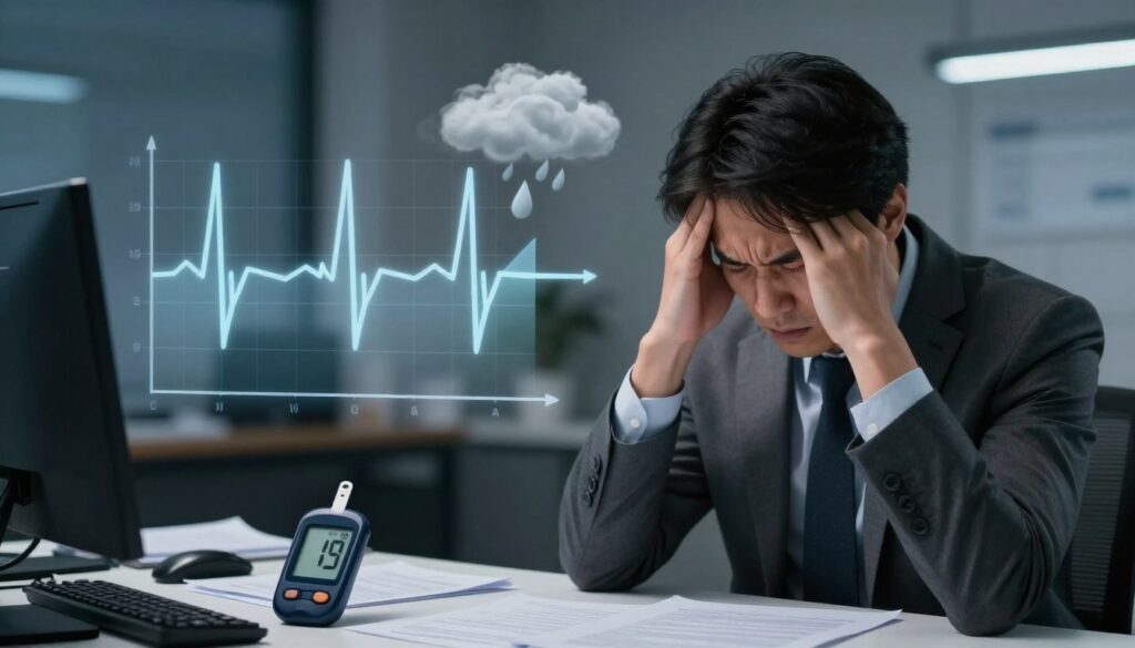 A conceptual illustration depicting the relationship between stress and glucose levels. In the foreground, a person in professional business attire, showing signs of stress, such as furrowed brows and clenched fists, sits at a desk cluttered with paperwork and a glucose meter displaying high levels. In the middle ground, a graph is subtly integrated showing fluctuating glucose levels tied to stress markers like a heartbeat or cloud imagery representing pressure. The background features a blurred office environment with dim lighting, enhancing a somber mood. Soft, diffused lighting highlights the person’s expression and the glucose meter, creating a dramatic contrast. The overall atmosphere conveys urgency and concern over health regarding stress and glucose levels, while maintaining a professional and informative tone.
