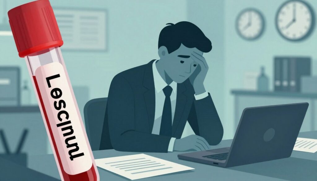 A conceptual illustration depicting the relationship between stress and lymphocyte levels. In the foreground, a close-up of a blood test tube filled with red liquid, symbolizing blood analysis. In the middle ground, a human silhouette in a professional business outfit, looking contemplative and surrounded by scattered papers and a laptop, representing the stress of modern life. The background features a blurred image of a chaotic office environment with clocks showing time ticking away, enhancing the feeling of urgency. Soft, diffused lighting casts gentle shadows, creating a somber yet hopeful atmosphere, suggesting the importance of health management in stressful situations. The color palette consists of calming blues and greens contrasted with hints of red to symbolize stress.
