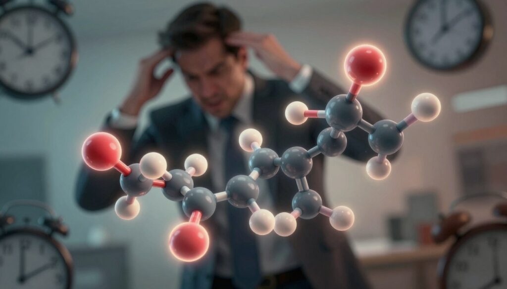 A conceptual illustration of cortisol, depicted as a dynamic, glowing molecule. The foreground features an intricate 3D representation of the cortisol structure, showcasing its molecular bonds and atoms in vivid detail, with a luminous effect to highlight its significance. The middle ground includes a blurred human figure in professional attire, suggesting the body's reaction to stress, with subtle indicators of tension, like clenched fists or a furrowed brow. The background should be an abstract representation of a chaotic environment, with blurred images of clocks, shadows, and muted colors to evoke urgency and stress. Soft, dramatic lighting casts shadows, enhancing the mood of scientific discovery and the biological impact of stress hormones. The angle should be slightly tilted to convey a sense of movement and urgency.