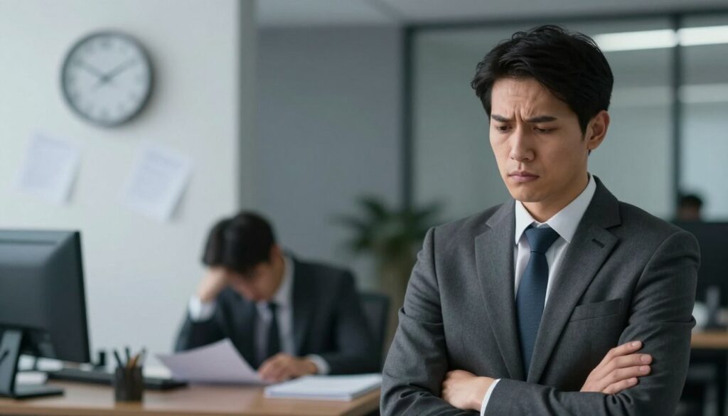 A conceptual illustration of the "stages of stress," depicting a person in a professional office setting. In the foreground, a slightly worried individual in business attire, showing signs of mild anxiety, such as furrowed brows and crossed arms. In the middle background, a gradient scene transitions from a state of alertness, represented by a bright, chaotic environment with scattered papers and an overbearing clock, to a darker, more subdued area portraying exhaustion, with dim lighting and a slumped posture. The background features a blurred office environment to emphasize the stress experienced. Use soft lighting to create a tense atmosphere, with a shallow depth of field to focus on the individual while the background lightly fades away, encapsulating the journey from mobilization to exhaustion.