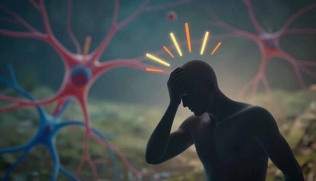 A conceptual representation of "organizm" illustrating the interplay between psychological stress and biological responses. In the foreground, a stylized human silhouette embodies tension, with vibrant energy lines radiating from the head, symbolizing mental alarm signals. The middle ground features abstract representations of biological systems, like neurons firing and stress hormones dispersing, depicted through swirling colors of red and blue, conveying urgency and chaos. The background showcases a serene environment, perhaps a blurred natural landscape, creating a stark contrast to the turmoil in the foreground. Use soft, ambient lighting to highlight the silhouette while casting dynamic shadows, enhancing the mood of intensity and conflict, captured with a shallow depth of field. Focus on a slightly tilted angle to emphasize the tension and abstraction of the concept.