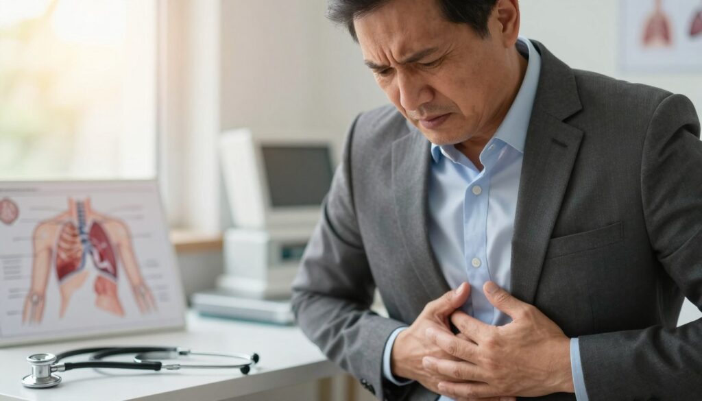 A concerned individual, a middle-aged man in professional attire, gently placing his hand on the left side of his ribcage, expressing discomfort. His expression is worried and contemplative, illustrating the seriousness of his pain. The foreground features him in a softly-lit medical office to evoke a sense of urgency. In the middle ground, a stethoscope and medical diagrams of the torso are visible, hinting at the clinical context. The background includes blurred images of medical equipment and a window showing a sunny day outside, creating a contrast between hope and anxiety. The overall mood is tense yet serious, emphasizing the need for urgent medical attention. The lighting is warm and inviting, but shadows convey the underlying concern. A concerned individual, a middle-aged man in professional attire, gently placing his hand on the left side of his ribcage, expressing discomfort. His expression is worried and contemplative, illustrating the seriousness of his pain. The foreground features him in a softly-lit medical office to evoke a sense of urgency. In the middle ground, a stethoscope and medical diagrams of the torso are visible, hinting at the clinical context. The background includes blurred images of medical equipment and a window showing a sunny day outside, creating a contrast between hope and anxiety. The overall mood is tense yet serious, emphasizing the need for urgent medical attention. The lighting is warm and inviting, but shadows convey the underlying concern.