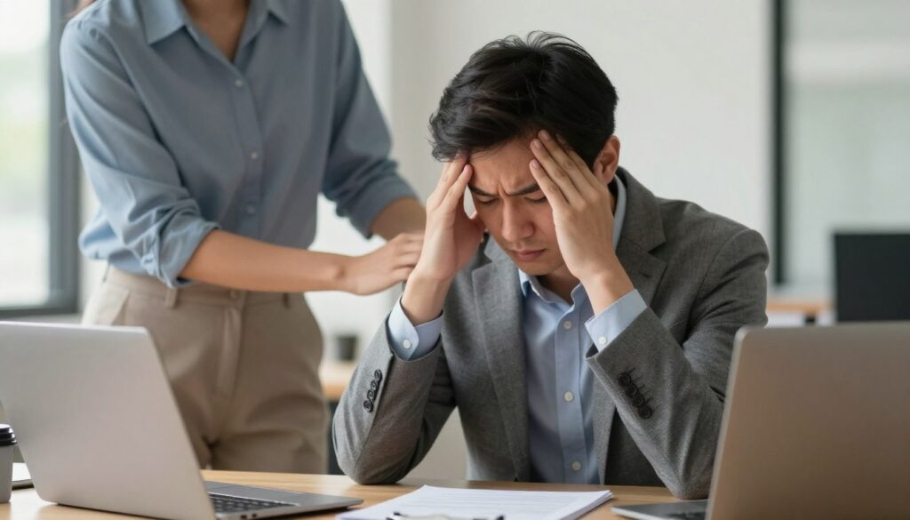 A concerned individual in professional business attire, looking anxious while sitting at a desk, holding their head in their hands. The person's expression clearly shows signs of stress and overwhelm. Nearby, a supportive friend in modest casual clothing reaches out to provide comfort, demonstrating a caring gesture. In the background, a softly blurred office setting with warm lighting creates a calming atmosphere, suggesting a safe space for discussion. A window reveals a glimpse of nature outside, with soft daylight illuminating the scene, enhancing the mood of support and understanding amidst distress. Focus on realistic emotions and interactions, capturing the essence of acute stress reactions.