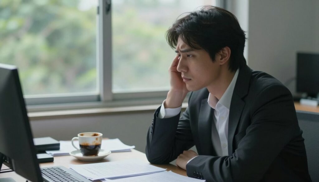 A contemplative scene illustrating the hidden effects of prolonged stress on the human body and mind. In the foreground, a person in professional attire sits at a cluttered desk, gazing thoughtfully out a window, their expression subtly weary, yet composed. The middle ground features scattered papers and a half-finished cup of coffee, symbolizing chaos and distraction. In the background, soft, diffused natural light illuminates outdoor greenery, contrasting with the melancholy interior. The image should convey a mood of quiet introspection, capturing a sense of isolation amid busyness. Use a shallow depth of field to accentuate the subject while softly blurring the background, creating a serene yet poignant atmosphere.