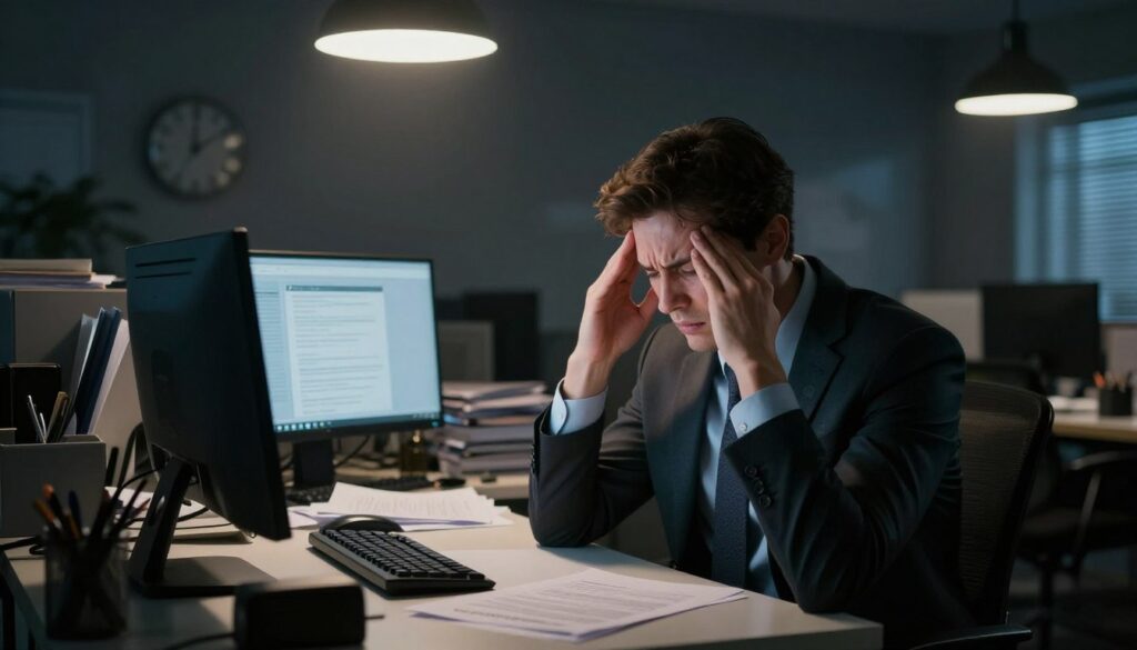 A deep and immersive depiction of the "phases of stress reaction" in a professional setting. In the foreground, a stressed-out businessperson in formal attire sits at a cluttered desk, rubbing their temples. Their expression shows anxiety and fatigue. The middle ground reveals a chaotic office environment with papers scattered, a flickering computer screen, and a clock indicating late hours, symbolizing the persistent nature of stress. The background features a dimly lit office with shadows creeping in, enhancing the feeling of pressure and urgency. Soft, overhead lighting creates a dramatic contrast, illuminating the subject while casting deep shadows around them. The overall atmosphere is tense and overwhelming, encapsulating the emotional turmoil of prolonged stress.