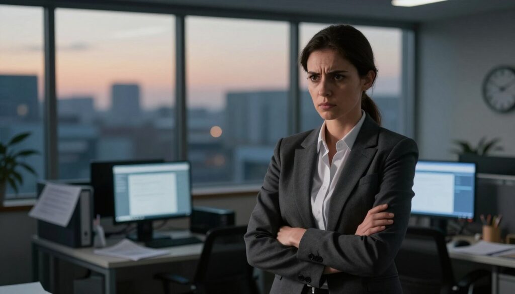 A deeply evocative image depicting the concept of "tension" in a professional setting. In the foreground, a businesswoman in formal attire stands with her arms crossed, an expression of focused determination on her face. Her posture is poised yet slightly tense, conveying a sense of inner struggle. In the middle ground, a soft blur of an office environment with scattered papers, a flickering computer screen, and a clock showing late hours, enhancing the feeling of pressure. The background features large windows revealing a twilight cityscape, the fading light casting a warm glow that contrasts with the cooler tones of the office. The atmosphere should feel charged and intense, using dramatic lighting and soft shadows to enhance the sense of unease and reflection on stress and tension.