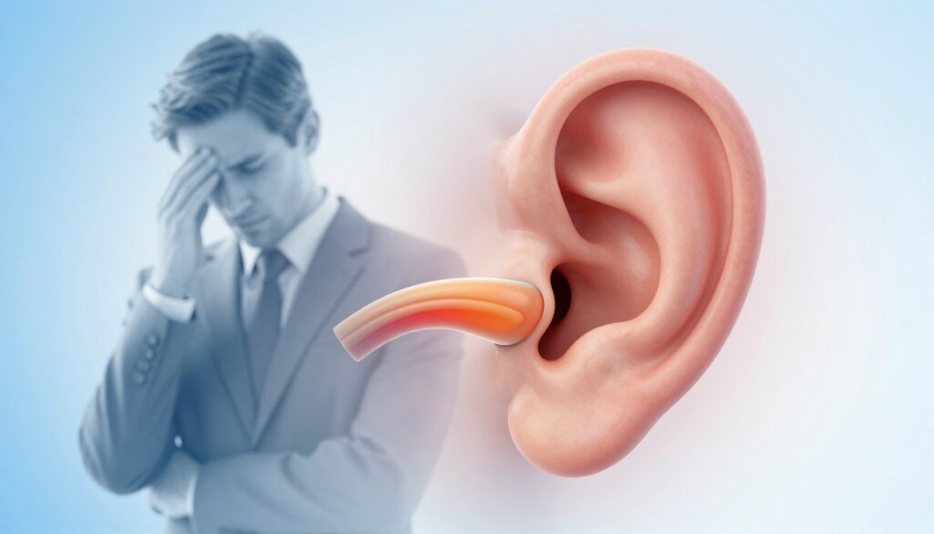 A detailed anatomical illustration focusing on the vestibular system, highlighting the inner ear structures related to labyrinthitis. In the foreground, emphasize the cochlea and semicircular canals with vibrant coloration to indicate inflammation. The middle ground should feature a faint outline of a stressed human figure in professional attire, looking contemplative, symbolizing the connection between stress and labyrinthitis. The background can include a serene gradient from light blue to white, evoking a calm atmosphere amidst the turmoil of stress. Use soft, diffused lighting to create a sense of introspection and insight, accompanied by a shallow depth of field to draw attention to the inner ear. Aim for a clear, educational aesthetic without any text or illustrations.