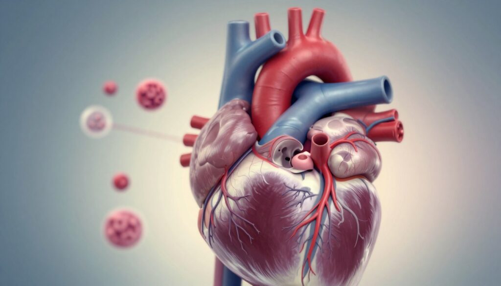 A detailed anatomical illustration of a healthy heart, focused on the chambers and arteries, showcasing the impact of chronic stress on heart health. In the foreground, highlight the heart structure with intricate details, emphasizing arteries and blood flow. In the middle ground, depict abstract representations of cortisol molecules and immune cells, symbolizing the effects of stress on the body’s systems. The background should feature a soft, blurred gradient of cool colors, creating a calm atmosphere. Utilize soft, natural lighting to evoke a sense of tranquility amidst the chaos of stress. The perspective should be slightly angled to give depth to the image, focusing on the heart as the central figure. No human subjects are included, ensuring a purely anatomical focus.