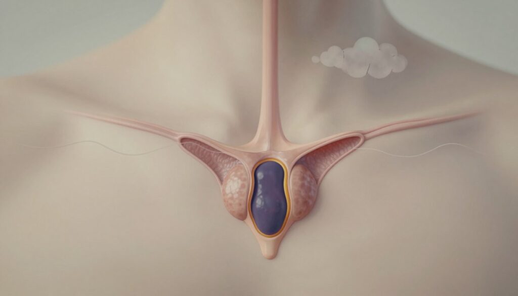 A detailed anatomical illustration of a pineal gland cyst, emphasizing its structure and potential connection to stress. In the foreground, depict a clear, realistic representation of the pineal gland, highlighting the cyst's outline in contrasting colors. In the middle ground, include subtle visual elements representing stress, such as faint waves or ripples around the gland, symbolizing psychological impact. The background should feature a soft, blurred depiction of a serene environment, suggesting calmness but with hints of tension, like shadowy clouds or abstract shapes. Use soft, diffused lighting to create a neutral atmosphere, focusing the viewer's attention on the cyst itself. The image should evoke a sense of contemplation and insight.