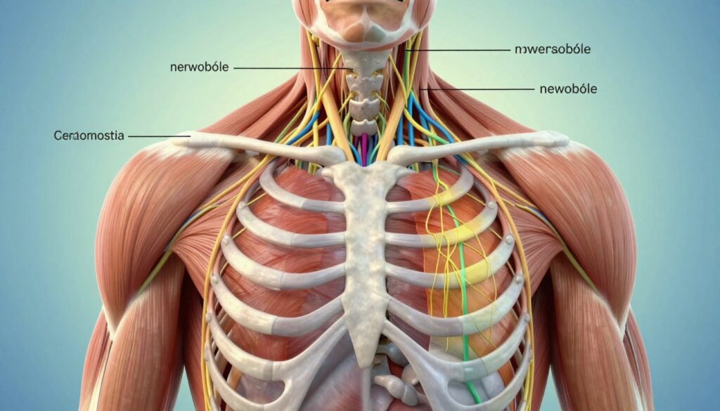A detailed anatomical illustration of the human chest area, showing the nerves and muscles clearly labeled. In the foreground, the human torso is depicted from the front, with a focus on the rib cage and the outlines of the serratus anterior and pectoral muscles. The middle layer should include highlighted areas where nerve pain, or 'nerwobóle,' may radiate, illustrated with color gradients to indicate intensity. The background features a soft gradient that simulates a calm atmosphere, perhaps with subtle blues and greens that evoke a sense of tranquility. The lighting is soft and diffused, enhancing the anatomical details without harsh shadows. The mood is informative and professional, aiming to educate the viewer about the connection between stress and pain.