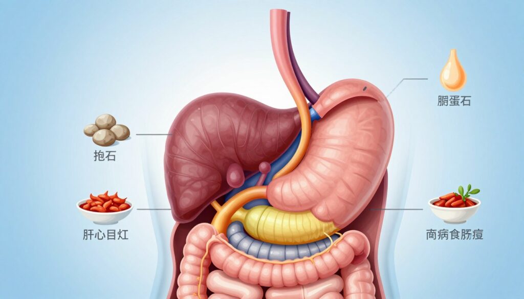 A detailed anatomical illustration of the pancreas, showcasing its role and common causes of pain not directly linked to stress. In the foreground, a clear and labeled diagram of the pancreas, including surrounding organs like the stomach and intestines, highlighted in vibrant colors for clarity. In the middle ground, include subtle representations of factors such as gallstones, pancreatic inflammation, and dietary issues like high-fat meals, depicted as small icons or images beside the pancreas. The background should feature a soft gradient of light blue to convey a calm and informative atmosphere. The lighting should be bright yet soft, resembling a medical textbook style, with a focus on clarity and educational value. Aim for a professional and clinical mood without human subjects.