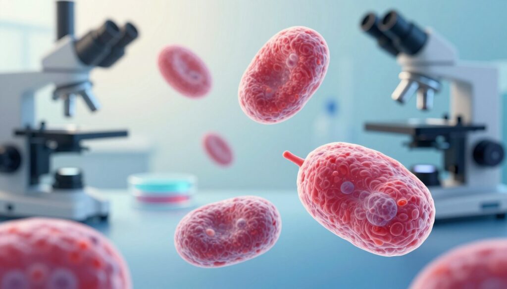 A detailed and informative medical illustration of healthy blood monocytes, presented in a scientific context. In the foreground, focus on a vibrant, magnified view of monocytes, showcasing their distinct characteristics such as the kidney-shaped nucleus and abundant cytoplasm with fine granules. The middle ground includes a gradient background featuring a subtle blurred depiction of a laboratory setting, with equipment like microscopes and petri dishes to enhance the scientific atmosphere. Soft, natural lighting accentuates the monocytes, creating a clean and professional look. The overall mood is clinical yet accessible, suitable for educational purposes. The composition should emphasize clarity and detail, making it ideal for understanding normal reference ranges for monocytes in adults and children. A detailed and informative medical illustration of healthy blood monocytes, presented in a scientific context. In the foreground, focus on a vibrant, magnified view of monocytes, showcasing their distinct characteristics such as the kidney-shaped nucleus and abundant cytoplasm with fine granules. The middle ground includes a gradient background featuring a subtle blurred depiction of a laboratory setting, with equipment like microscopes and petri dishes to enhance the scientific atmosphere. Soft, natural lighting accentuates the monocytes, creating a clean and professional look. The overall mood is clinical yet accessible, suitable for educational purposes. The composition should emphasize clarity and detail, making it ideal for understanding normal reference ranges for monocytes in adults and children.