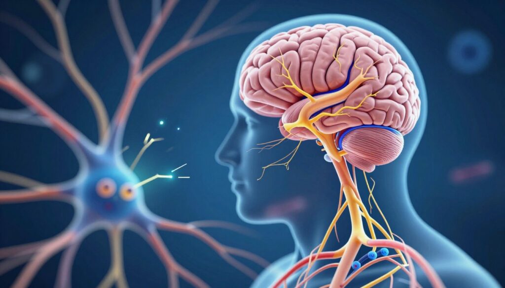 A detailed and intricate illustration of the human nervous system, showcasing its anatomy in vibrant colors against a dark blue background. In the foreground, a stylized depiction of neurons and synapses, highlighted with glowing connections to represent electrical impulses. In the middle ground, a clear representation of the brain is visible, with emphasis on the amygdala and stress response pathways, accentuated by dynamic lines to illustrate the "fight or flight" reaction. The background features a subtle gradient, emphasizing a sense of tension and urgency, with abstract shapes that evoke stress. Use a soft-focus lens effect to enhance the mood, capturing a blend of scientific accuracy and artistic representation. The lighting should be soft yet dramatic, creating shadows that add depth and energy to the overall image.