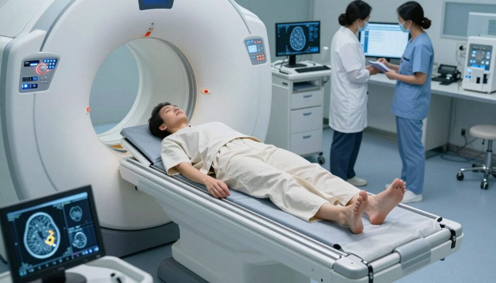 A detailed and professional MRI machine in a clinical setting, capturing a clear overhead view of a patient lying on the examination table, wearing modest medical attire. The MRI scanner is lit up with subdued blue and white lights, projecting a serene yet clinical atmosphere. In the background, medical professionals in professional attire are observed discussing results on a computer screen, highlighting teamwork in healthcare. The foreground features a digital display showing brain scan images, with highlighted areas indicating demyelination, reflecting the interaction between stress and neurological changes. The overall mood is serious and informative, suitable for a clinical research context, with a focus on the importance of MRI in understanding stress impacts on the nervous system. A detailed and professional MRI machine in a clinical setting, capturing a clear overhead view of a patient lying on the examination table, wearing modest medical attire. The MRI scanner is lit up with subdued blue and white lights, projecting a serene yet clinical atmosphere. In the background, medical professionals in professional attire are observed discussing results on a computer screen, highlighting teamwork in healthcare. The foreground features a digital display showing brain scan images, with highlighted areas indicating demyelination, reflecting the interaction between stress and neurological changes. The overall mood is serious and informative, suitable for a clinical research context, with a focus on the importance of MRI in understanding stress impacts on the nervous system.