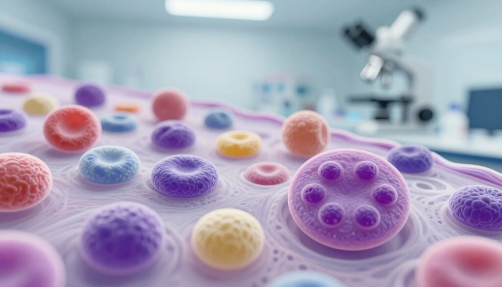 A detailed, clinical illustration of elevated monocytosis, displaying a vibrant cross-section of human blood cells under a microscope. In the foreground, feature enlarged monocytic cells prominently, showcasing their distinct shapes and nuclei, while maintaining a focus on their unique characteristics such as granules and size. In the middle ground, include a variety of other white blood cells like lymphocytes and neutrophils, creating a contrasting backdrop to emphasize monocytosis. The background should be a softly blurred laboratory setting, illuminated with bright, sterile lighting that reflects a scientific atmosphere. The overall mood should be informative and professional, evoking a sense of clarity and precision in a medical context. Avoid any text or watermarks in the image composition. A detailed, clinical illustration of elevated monocytosis, displaying a vibrant cross-section of human blood cells under a microscope. In the foreground, feature enlarged monocytic cells prominently, showcasing their distinct shapes and nuclei, while maintaining a focus on their unique characteristics such as granules and size. In the middle ground, include a variety of other white blood cells like lymphocytes and neutrophils, creating a contrasting backdrop to emphasize monocytosis. The background should be a softly blurred laboratory setting, illuminated with bright, sterile lighting that reflects a scientific atmosphere. The overall mood should be informative and professional, evoking a sense of clarity and precision in a medical context. Avoid any text or watermarks in the image composition.