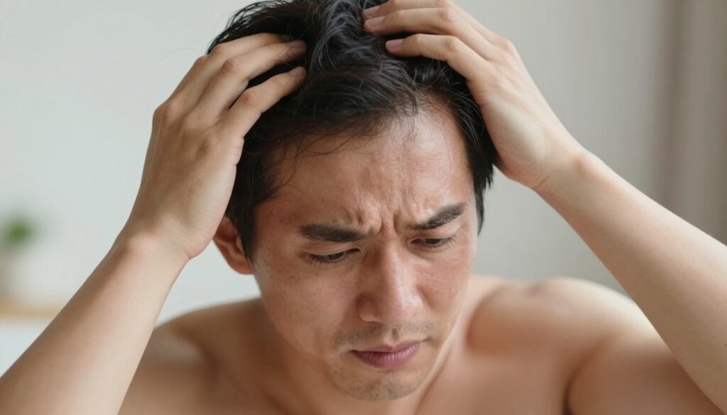 A detailed close-up of a professional-looking individual examining their skin, hair, and muscles, emphasizing the somatic symptoms of stress. In the foreground, show the person's face with a concerned expression, illuminated by soft, natural lighting that highlights their skin texture. In the middle ground, focus on their hands gently touching their hair, with visible strands falling, symbolizing hair loss due to stress. The background should be slightly blurred to create a sense of depth, featuring a calm, neutral-toned environment that conveys an atmosphere of contemplation and awareness. The overall mood is serious yet introspective, capturing the nuances of how stress impacts physical appearance.