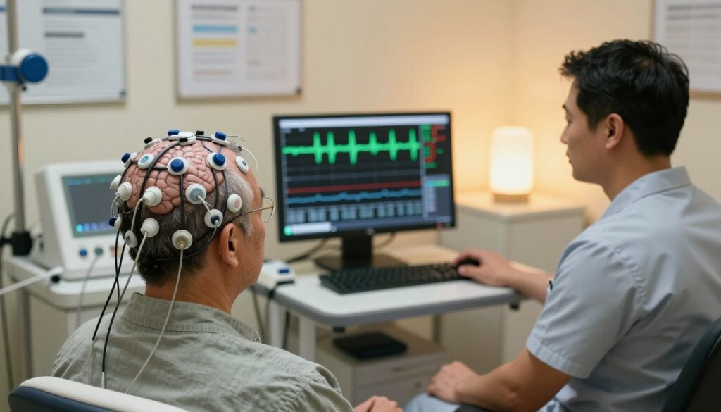 A detailed depiction of a brain's electroencephalogram (EEG) process. In the foreground, an EEG device is shown with electrodes placed on a patient's scalp, wires neatly arranged, capturing brain activity. The patient, a middle-aged individual dressed in modest casual clothing, looks calm and focused. In the middle ground, a neurologist is reviewing the EEG readings on a computer screen, highlighting abnormal wave patterns. The background features a clinical setting, softly lit with warm, inviting lights, and medical charts on the walls. The atmosphere conveys professionalism and serenity, illustrating the diagnostic process for understanding stress-related seizures. The composition is carefully balanced to emphasize the technology and the human element within the diagnostic context.
