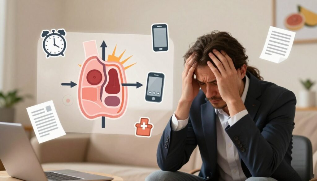 A detailed illustration depicting the physiological effects of stress on blood glucose levels. In the foreground, a worried professional in a smart casual outfit is shown holding their head, surrounded by icons representing stress triggers—like a clock, phone, and paperwork—visibly floating around them. The middle ground features a transparent overlay of a simplified glucose metabolism diagram, showing how stress impacts glucose levels, with arrows indicating spikes. The background includes soft-focused images of food, exercise equipment, and medical symbols, subtly hinting at other factors affecting glucose. Warm, diffused lighting creates a slightly tense atmosphere, reflecting the emotional weight of stress. The scene is shot from a slight high angle, enhancing the sense of overwhelm experienced under stress.