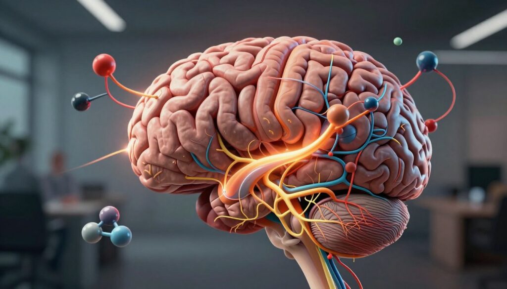 A detailed illustration of a brain, focusing on the intricate neural pathways and synapses that represent stress indicators. In the foreground, depict a close-up of a brain with vibrant colors, highlighting areas activated by stress with a warm glow. The middle ground should feature abstract representations of cortisol and adrenaline molecules, visually intertwining with the neural pathways to suggest their impact on the brain's functions. In the background, a serene but slightly chaotic environment, such as a blurred office space or a busy urban scene, hints at the external sources of stress. The lighting should be dramatic, with a spotlight effect on the brain, contrasting softly with the muted tones of the background. The overall mood is a blend of tension and contemplation, visually encapsulating the concept of stress dependency.