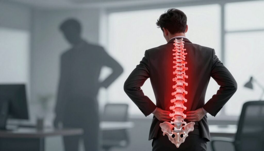 A detailed illustration of a human spine under stress, depicted prominently in the foreground. The spine should be shown with highlighted areas indicating tension and discomfort, represented with a glowing red hue. In the middle ground, a silhouette of a person in professional business attire, standing with hands on their hips, showcasing a posture of strain and discomfort. The background features a soft-focus office environment, with muted colors to create a calming contrast. Use natural lighting to soften the mood, with a gentle spotlight effect illuminating the spine and silhouette. Capture an overall atmosphere of awareness and urgency, emphasizing the importance of recognizing stress signals in the body. The image should be clear, professional, and devoid of any text or overlays.