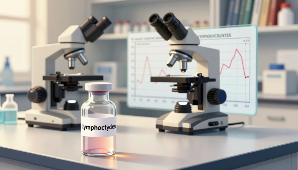 A detailed illustration of a laboratory environment focused on lymphocyte levels in a stress research study. In the foreground, a clear glass vial with a sample labeled "lymphocytes" reflects the light, resting on a sleek laboratory table. The middle ground features a microscope and transparent graphs displaying fluctuations in lymphocyte counts, symbolizing the interpretation of results. In the background, a well-organized laboratory with shelves containing scientific journals and equipment, all bathed in warm, diffused lighting that creates a calm, professional atmosphere. The image should evoke a sense of scientific inquiry and critical analysis, focusing on how lymphocyte levels can be interpreted without bias.
