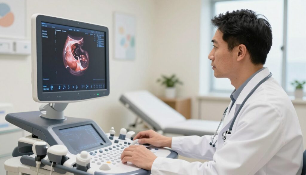 A detailed illustration of an abdominal ultrasound machine in a clinical setting, prominently featuring the screen displaying a clear image of a pancreas in focus. The foreground includes a male healthcare professional in a white lab coat, focused on the screen, with a stethoscope around his neck and a thoughtful expression. In the middle ground, the ultrasound machine is intricately designed, showcasing the controls and scanning wand. The background reveals a softly lit medical examination room with abstracts on the walls, a window with natural daylight filtering in, creating a serene and professional atmosphere. The overall mood is calm and informative, emphasizing the importance of medical diagnostics with a focus on pancreatic health. The angle is slightly elevated, capturing both the healthcare professional and the ultrasound machine effectively without any distractions.
