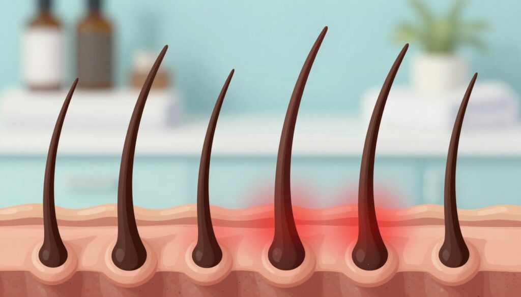 A detailed illustration of hair follicles under stress, focusing on hormonal impacts and inflammation during the hair growth cycle. In the foreground, depict a magnified view of several hair follicles, showcasing their structure with vibrant colors such as deep browns and delicate pinks. In the middle ground, include subtle representations of inflammation, such as red hues around the follicles, symbolizing stress effects. The background features a blurred representation of a calm environment, possibly a spa-like setting with soft blue and green tones, creating a contrast to the turmoil in the foreground. Use soft, natural lighting to enhance the tranquility of the background while highlighting the follicles. The overall mood should evoke a blend of concern and hope, illustrating the importance of understanding stress on hair health. A detailed illustration of hair follicles under stress, focusing on hormonal impacts and inflammation during the hair growth cycle. In the foreground, depict a magnified view of several hair follicles, showcasing their structure with vibrant colors such as deep browns and delicate pinks. In the middle ground, include subtle representations of inflammation, such as red hues around the follicles, symbolizing stress effects. The background features a blurred representation of a calm environment, possibly a spa-like setting with soft blue and green tones, creating a contrast to the turmoil in the foreground. Use soft, natural lighting to enhance the tranquility of the background while highlighting the follicles. The overall mood should evoke a blend of concern and hope, illustrating the importance of understanding stress on hair health.