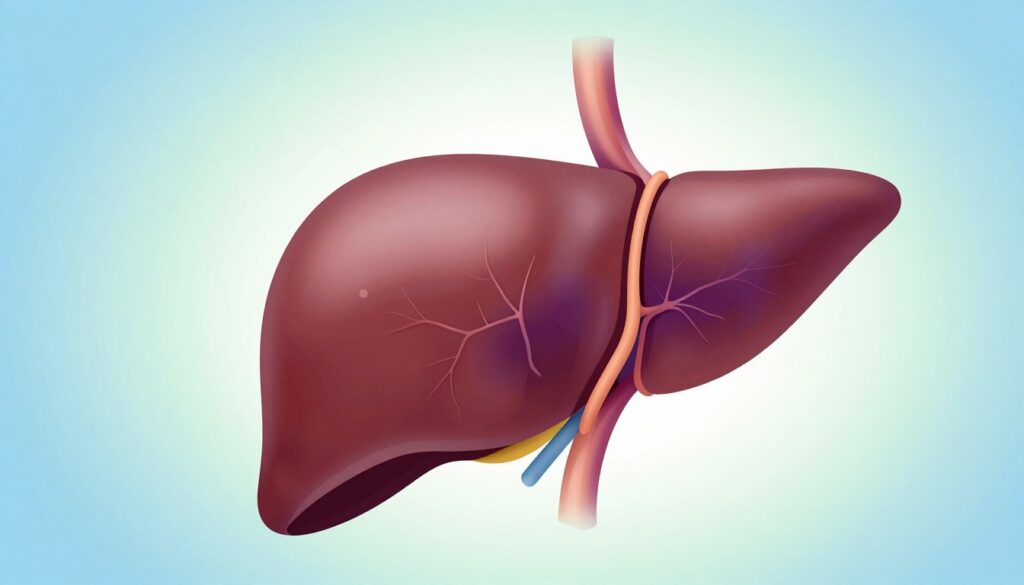 A detailed illustration of liver hemangioma symptoms, featuring a vibrant anatomical representation of the liver. In the foreground, depict a slightly enlarged liver with visible veins, showcasing the characteristic color variations of a hemangioma, such as deep red or purple areas. In the middle ground, include a faint outline of the human torso to provide context, emphasizing where the liver is located. The background should be a soft gradient of light blues and greens to evoke a calming atmosphere, symbolizing health and wellness. Use soft, natural lighting to highlight the textures of the liver and veins, with a focus on a slightly angled perspective to enhance depth. The overall mood should be informative and professional, suitable for a medical or educational article.