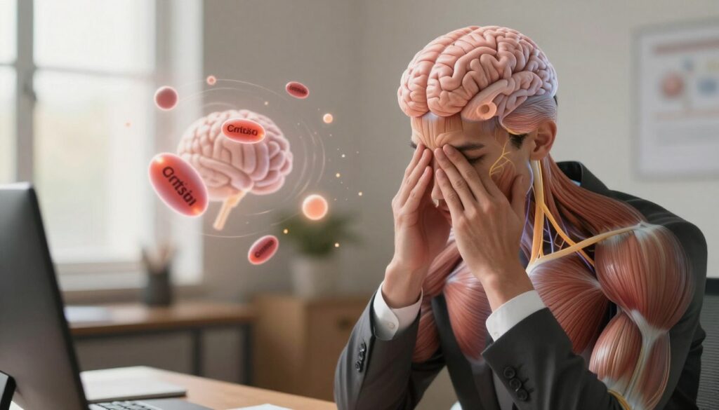 A detailed illustration of stress within the human body, showcasing the intricate biological effects of stress hormones on muscles and the brain. In the foreground, a person in professional attire looks contemplative, with their body slightly transparent to reveal muscle tension and neural pathways illuminated beneath the skin. In the middle ground, faint images of cortisol and adrenaline molecules are swirling around, symbolizing their impact on motivation and energy. The background features a softly blurred environment resembling an office or workspace, with warm, diffused lighting that creates an atmosphere of tension and introspection. The overall mood is serious yet hopeful, suggesting the potential for understanding and managing stress.
