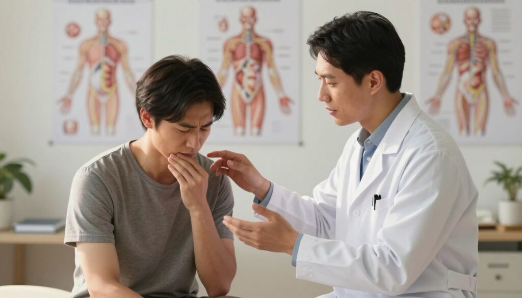 A detailed illustration of the causes of intercostal neuralgia, featuring a serene, softly lit medical office in the background, highlighting anatomical charts of the human torso and nerve pathways. In the foreground, a professional male figure in a lab coat is depicted examining a patient, portrayed in modest casual clothing, while they discuss symptoms. The atmosphere is calm and informative, emphasizing the connection between physical health and stress without directly depicting anxiety. The lighting is warm and inviting, casting gentle shadows to create depth, with a focus on shared understanding and empathetic care. Use a shallow depth of field to highlight the figures while softening the detailed background. A detailed illustration of the causes of intercostal neuralgia, featuring a serene, softly lit medical office in the background, highlighting anatomical charts of the human torso and nerve pathways. In the foreground, a professional male figure in a lab coat is depicted examining a patient, portrayed in modest casual clothing, while they discuss symptoms. The atmosphere is calm and informative, emphasizing the connection between physical health and stress without directly depicting anxiety. The lighting is warm and inviting, casting gentle shadows to create depth, with a focus on shared understanding and empathetic care. Use a shallow depth of field to highlight the figures while softening the detailed background.
