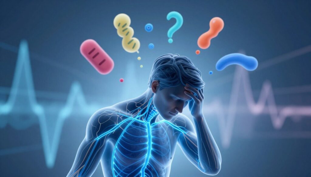 A detailed illustration of the human body under the influence of stress, showcasing the nervous system, hormonal changes, and blood sugar levels. In the foreground, a translucent silhouette of a person appears, their nerves illuminated in bright blue to represent the nervous system. The midground features dynamic symbols of hormones, such as cortisol and adrenaline, represented as swirling colors around the figure. The background includes abstract visualizations of blood sugar, depicted as fluctuating patterns of light and shadow, creating a sense of chaos. Use soft, diffused lighting to highlight the complexity of the body’s response to stress. The mood should evoke a sense of tension and urgency while maintaining a professional, informative tone. Use a slight upward angle to give an empowering perspective on the struggle against stress.