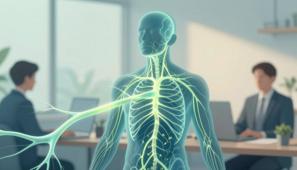 A detailed illustration of the human nervous system, focusing on its intricate network of neurons and synapses, depicted in a calming, soothing color palette of soft blues and greens. In the foreground, show a close-up of neural pathways glowing gently, suggesting a state of tranquility. The middle section should feature an abstract representation of a person practicing mindful breathing, their silhouette subtly integrated into the nervous system, wearing professional business attire. In the background, create a serene environment with blurred elements like a peaceful office space or natural setting, softly illuminated by warm, diffused light, promoting a peaceful atmosphere. The overall mood should evoke relaxation and mindfulness, emphasizing the importance of calming the nervous system amidst workplace stress.