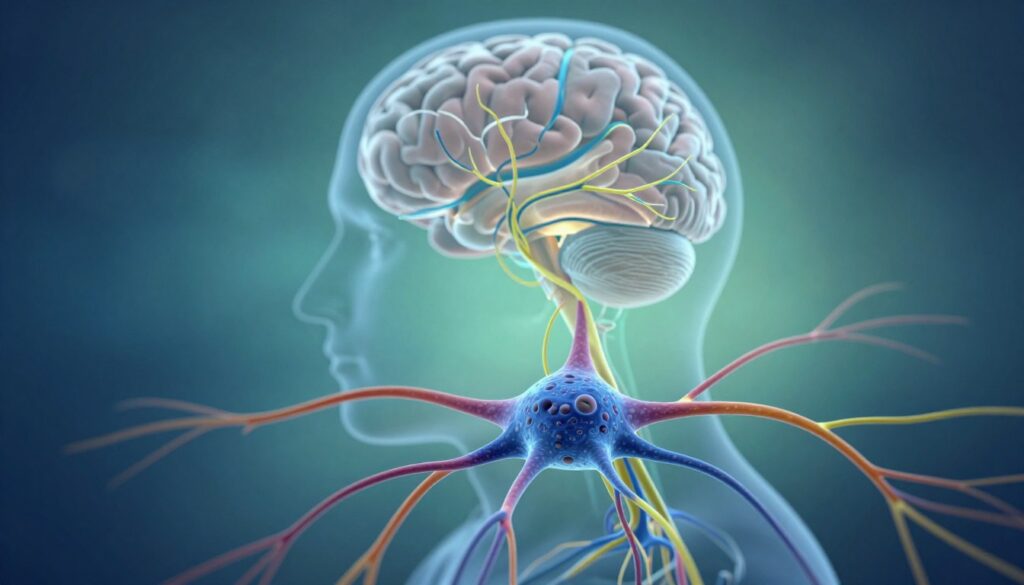 A detailed illustration of the human nervous system, focusing on the central and peripheral components. In the foreground, a vivid depiction of a stylized nerve cell (neuron) with colorful dendrites and axons extending outward, showcasing the complexity of neural connections. In the middle ground, a faint overlay of the brain and spinal cord, with highlighted areas illustrating the impact of stress hormones like cortisol on nerve pathways. The background features a soft gradient of cool blues and greens, creating a calm yet scientifically intriguing atmosphere. Soft lighting emphasizes the anatomical details, while a slight vignette draws the viewer’s attention toward the vibrant neural network. The overall mood should convey the intricacies of the nervous system and its response to stress, inviting curiosity and reflection.