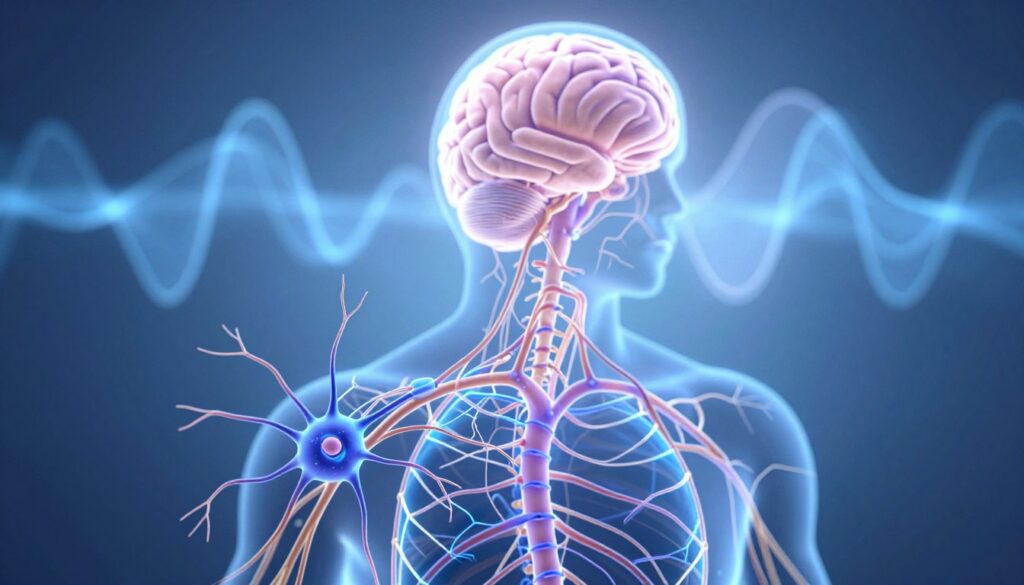 A detailed illustration of the human nervous system, intricately depicting neurons, synapses, and the spinal cord. In the foreground, a cluster of neurons connected by synaptic pathways glows softly, hinting at electrical impulses in vibrant blues and purples. In the middle ground, the spinal cord runs vertically, showcasing its delicate structure while radiating nerves branch out, symbolizing connectivity. The background features an artistic representation of the brain, immersed in light, with abstract waves flowing outward that symbolize stress and hormonal responses. The lighting is ethereal, casting gentle shadows, creating a calm yet intense atmosphere. The overall mood is one of contemplation, suggesting the complexity of stress impacts on the nervous system, rendered in a modern, scientific style without any text or distractions.