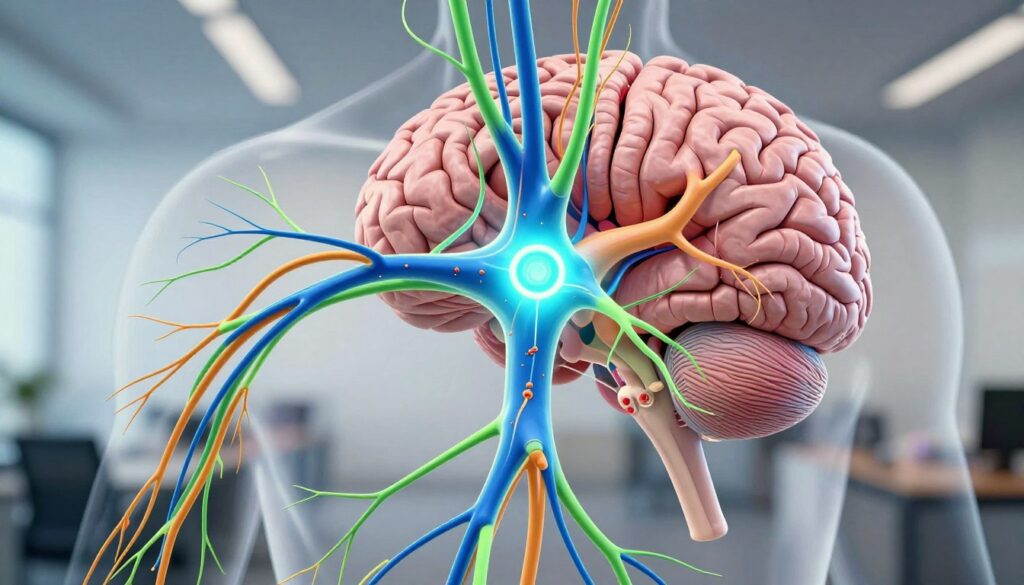 A detailed illustration of the human nervous system, showcasing the intricate network of neurons and synapses. In the foreground, focus on a glowing neural pathway, highlighting the synaptic connections with vibrant colors like blue and green. The middle ground features a cross-section of the brain, with pathways signaling the "fight or flight" response. The background includes a subtle gradient suggesting a blurred office environment, representing workplace stress. The lighting should be soft yet dynamic, creating a sense of urgency and tension, with shadows emphasizing the complexity of the nervous system. The overall mood is intense yet scientific, aiming to convey the drama of stress responses without any human figures or text elements.
