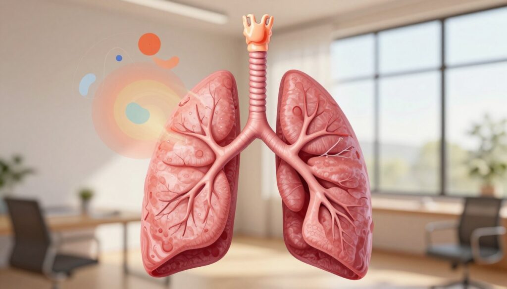 A detailed illustration of the human respiratory system, focusing on the trachea and bronchi, displayed prominently in the foreground. Anatomical features should be highlighted, showcasing healthy tissues contrasted with signs of irritation or congestion. The middle ground features abstract representations of stress, using swirling colors and shapes to symbolize anxiety and its effect on breathing. In the background, create a soft-focus image of a serene office environment, with a window showing a calm outdoor scene. The lighting should be warm and gentle, suggesting a comforting atmosphere. Aim for a balanced composition that conveys both the physiological and psychological aspects of stress-related cough, with a thoughtful, educational mood. A detailed illustration of the human respiratory system, focusing on the trachea and bronchi, displayed prominently in the foreground. Anatomical features should be highlighted, showcasing healthy tissues contrasted with signs of irritation or congestion. The middle ground features abstract representations of stress, using swirling colors and shapes to symbolize anxiety and its effect on breathing. In the background, create a soft-focus image of a serene office environment, with a window showing a calm outdoor scene. The lighting should be warm and gentle, suggesting a comforting atmosphere. Aim for a balanced composition that conveys both the physiological and psychological aspects of stress-related cough, with a thoughtful, educational mood.