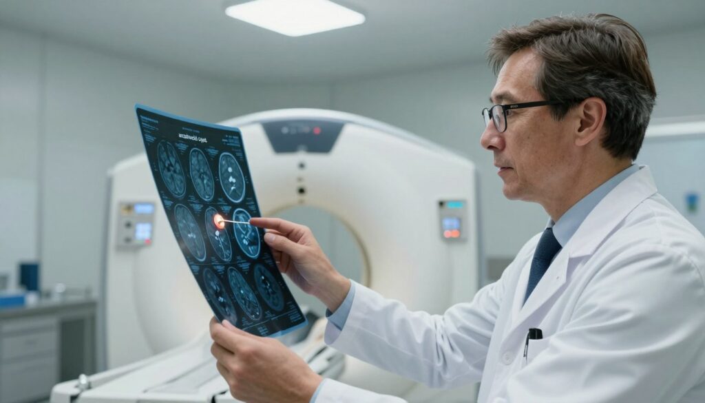 A detailed, illustrative scene focused on diagnosing a "arachnoid cyst." In the foreground, a neurologist in a professional white lab coat is analyzing a brain MRI scan, highlighting the cyst's location with a pointed finger. The neurologist, a middle-aged individual with short brown hair and glasses, displays an engaged expression. In the middle ground, the MRI machine is visible, showcasing a detailed screen with clear imaging of the brain. The background features a clinical setting, with soft lighting emanating from ceiling fixtures, creating a calm and professional atmosphere. The overall composition should evoke a sense of seriousness and competence, reflecting the importance of accurate diagnosis in neurology.