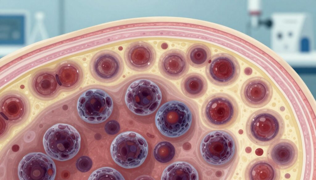 A detailed, medical illustration of bone marrow cancer, featuring a cross-sectional view of the bone showing unhealthy, abnormal cells amid healthy marrow cells. In the foreground, magnified clusters of cancerous cells stand out with distinct, irregular shapes and darker colors, representing a stark contrast to the surrounding healthy cells. The middle layer showcases the surrounding healthy cell structures in a vibrant, translucent light, symbolizing the essential role of healthy bone marrow. The background is a softly blurred representation of a laboratory environment, with subtle hints of medical equipment, enhancing the scientific atmosphere. The lighting is bright and clinical, with a focus on clarity and detail, creating a serious yet informative mood suitable for a medical article.