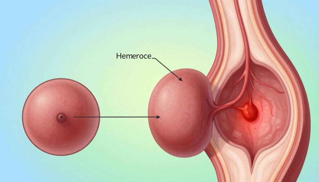 A detailed medical illustration of hemorrhoids as they relate to gastrointestinal issues. In the foreground, feature a close-up of healthy and inflamed tissue, showing the contrast between normal blood vessels and swollen hemorrhoids. In the middle ground, include labels or subtle pointers to highlight key areas affected by inflammation. The background should be a soft gradient that shifts from a calming light blue to a soothing green, indicating a clinical atmosphere. Use soft, natural lighting to create depth and highlight textures, resembling a medical textbook illustration. The composition should evoke a sense of professionalism and clarity, devoid of any human subjects, focusing entirely on the anatomical details important for understanding the condition.
