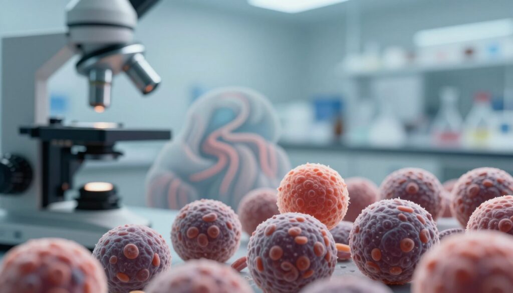 A detailed visualization illustrating the impact of stress on leukocytes. In the foreground, depict a close-up of human white blood cells under a microscope, vividly showcasing their size and morphology. In the middle ground, illustrate an abstract representation of stress, such as swirling shapes or muted colors to symbolize anxiety and tension, blending subtly with the leukocytes. In the background, include a serene scientific laboratory setting with soft, diffused lighting, suggesting a calm space for research. Use a shallow depth of field to focus on the cells while gently blurring the lab environment, creating a contrast between the chaotic elements of stress and the structured world of science. The overall mood should balance between tension and calm, with an emphasis on the theme of health and well-being.