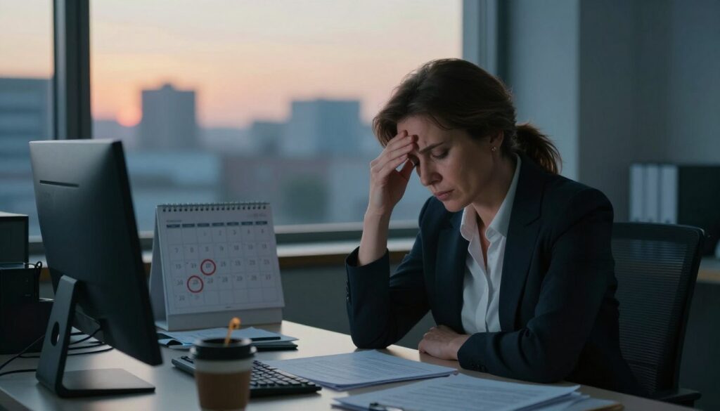 A dimly lit office space, highlighting the subtle signs of chronic stress. In the foreground, a middle-aged professional woman in business attire sits at her desk, her hand grasping her forehead, depicting signs of fatigue and worry. On her desk, scattered papers and a half-empty coffee cup suggest overwhelming tasks. In the middle ground, a calendar shows deadlines circled in red, emphasizing pressure. Behind her, a window overlooking a cityscape at dusk allows soft, warm light to spill in, creating a contrast between the warmth of the light and the tense atmosphere inside. The mood is solemn, reflecting the silent struggle of managing stress with cold blue tones accented by the warmth of the sunset.