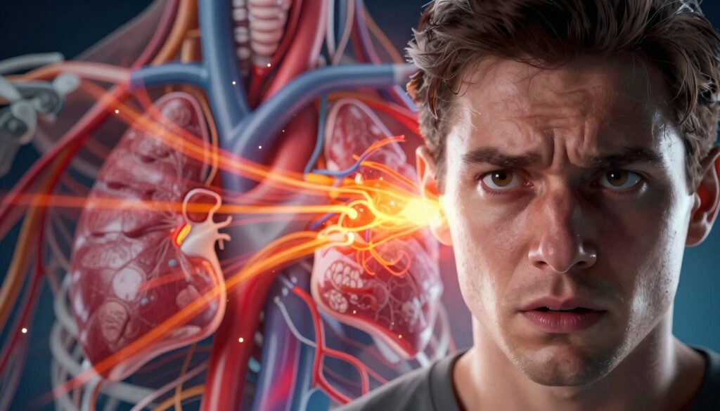 A dynamic and captivating illustration of the physiological effects of stress, specifically highlighting the role of adrenaline in the human body. In the foreground, a close-up of a person’s face shows intense focus and determination, with their eyes wide open and an expression of readiness. The middle ground depicts a stylized representation of the adrenal glands, illuminated to emphasize their importance, while vibrant colors like red and orange swirl around them to signify adrenaline release. In the background, abstract depictions of the body’s systems—like the cardiovascular and nervous systems—are subtly integrated, showing movement and energy. The lighting is dramatic, with high contrast to evoke a sense of urgency and tension, capturing the essence of stress and bodily responses in an artistic, informative manner.