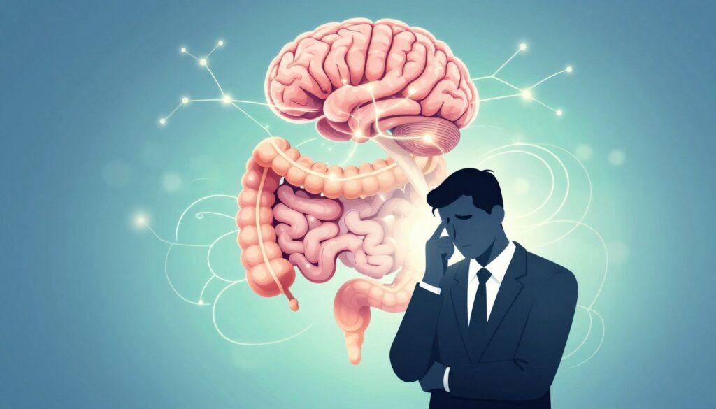 A dynamic and informative illustration featuring an abstract representation of the gut-brain axis, specifically highlighting the connection between stress and bowel movements. In the foreground, visualize a stylized human silhouette in professional business attire, with a thoughtful expression, symbolizing stress. The silhouette should be surrounded by swirling lines or waves to represent thoughts and emotions. In the middle, design a vibrant illustration of the intestines, fluidly connected to the brain through glowing neural pathways. The background should be a soft, calming gradient of blues and greens, suggesting a tranquil yet dynamic atmosphere. Subtle, radiant light effects enhance the image, symbolizing communication between the gut and the brain while maintaining a clear focus on the subject matter. The entire composition should be engaging and educational, devoid of any text or overlays.