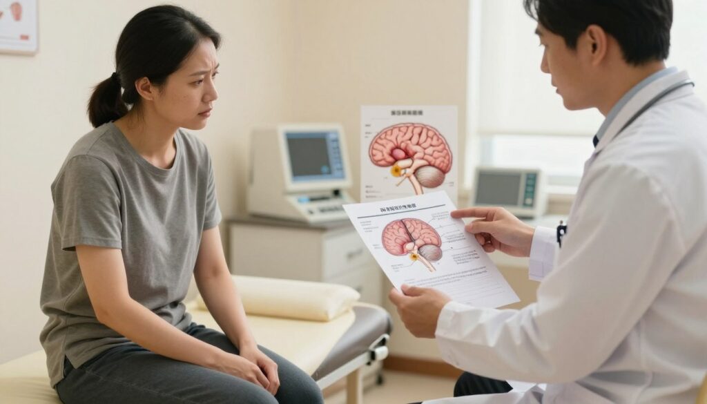 A focused image illustrating the symptoms of a cyst, particularly a spider cyst, in a medical context. In the foreground, a patient sits on an examination table, dressed in modest casual clothing, showing subtle expressions of discomfort while conversing with a professional neurologist. The neurologist, wearing a white lab coat, gestures towards a medical chart depicting the brain and cyst symptoms. In the middle ground, a detailed anatomical chart of the brain highlights areas related to stress response and cyst manifestation, surrounded by medical equipment. The background features a softly lit, sterile examination room that exudes a calm and reassuring atmosphere. The lighting is warm and inviting, emphasizing the professionalism of the setting and the concern of both the patient and the doctor.