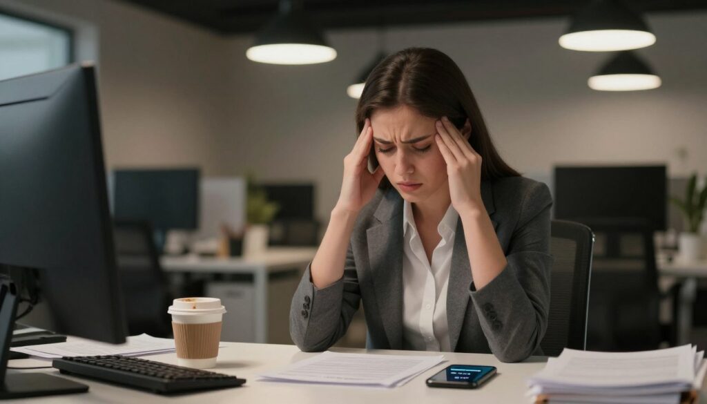 A focused, professional business setting illustrating the symptoms of chronic stress. In the foreground, a young woman in smart attire sits at a cluttered desk, her face showing visible signs of stress—furrowed brows, tense shoulders, and shallow breathing. The middle ground features scattered papers, a half-empty coffee cup, and a smartphone displaying missed notifications, signifying overwhelming pressure. The background reveals a softly blurred office with dim overhead lighting, casting shadows that enhance a sense of unease. A warm, slightly desaturated color palette evokes a mood of fatigue and tension, emphasizing the struggle against chronic stress. This image captures the essence of stress symptoms in a relatable workspace without distractions, focusing solely on the subject's emotional state.