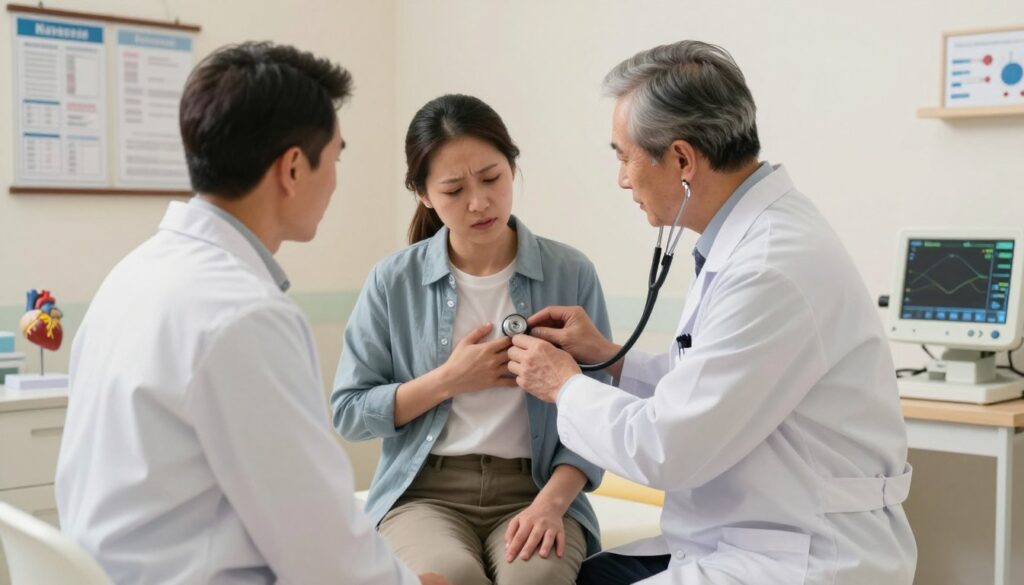 A focused view in a modern cardiology clinic, featuring a middle-aged male cardiologist in a white coat, attentively examining a patient's heart with a stethoscope. The foreground showcases the doctor’s professional demeanor, while the patient sits calmly on an examination table in modest casual clothing, looking slightly anxious. Bright, warm lighting illuminates the scene, creating a reassuring atmosphere. In the background, medical charts, a heart model, and cardiology equipment like an ECG machine are visible, emphasizing the diagnostic environment. The angle captures both the doctor and patient, enhancing the sense of interaction and care, reflecting the essence of heart diagnostics in response to chest pain.