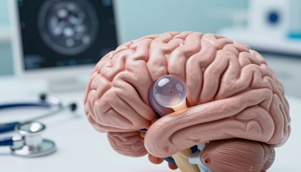 A highly detailed illustration of a pineal cyst, depicted in a medical context. In the foreground, an anatomical model of a human brain with a clear focus on the pineal gland, showcasing the cyst as a distinct, semi-transparent structure. In the middle ground, a set of medical tools appears, such as a stethoscope and an MRI scan, subtly emphasizing the diagnostic aspect. The background features a calming clinical environment with soft lighting, allowing for a serene and reassuring atmosphere. Use a macro lens effect to magnify the cyst clearly, highlighting its smooth contours against the textured surface of the brain model. The overall mood is one of curiosity and tranquility, aimed at educating viewers about the topic.
