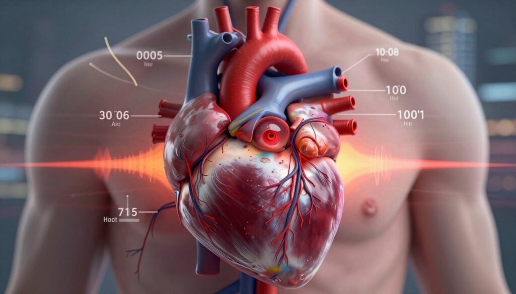 A highly detailed representation of a human heart, surrounded by intricate illustrations of the cardiovascular system, such as arteries and veins, that visually communicate the effects of prolonged stress on heart health. The foreground features a realistic heart in vibrant red tones, with subtle hints of inflammation visible on its surface. In the middle ground, a gradient of warm colors represents rising blood pressure, while graphical indicators of stress levels pulse around the heart. The background includes soft, blurred silhouettes of a cityscape, symbolizing modern life stressors. The atmosphere is a mix of urgency and introspection, illuminated by soft, diffused lighting capturing the intricate details. A depth of field effect focuses sharply on the heart while gently blurring the background for a dramatic impact.